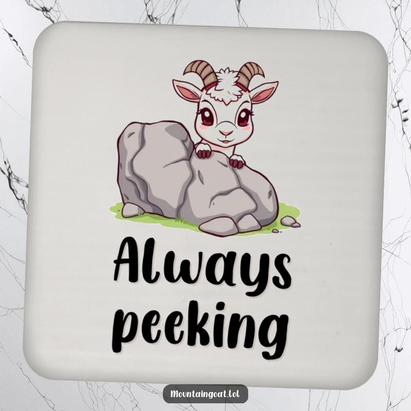 Funny Mountain Goat Coaster, peeking from behind a rock, protecting surfaces with charm, humorous and practical, ideal funny gift.