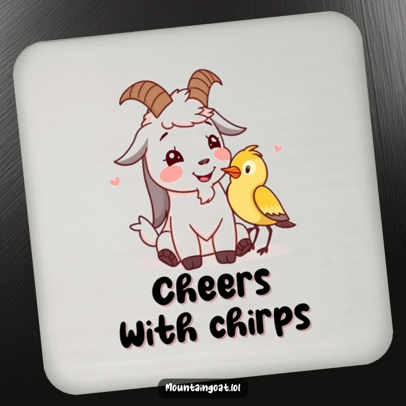 Funny mountain goat coaster featuring a character giggling with a bird, adding charm and humor to drink protection.