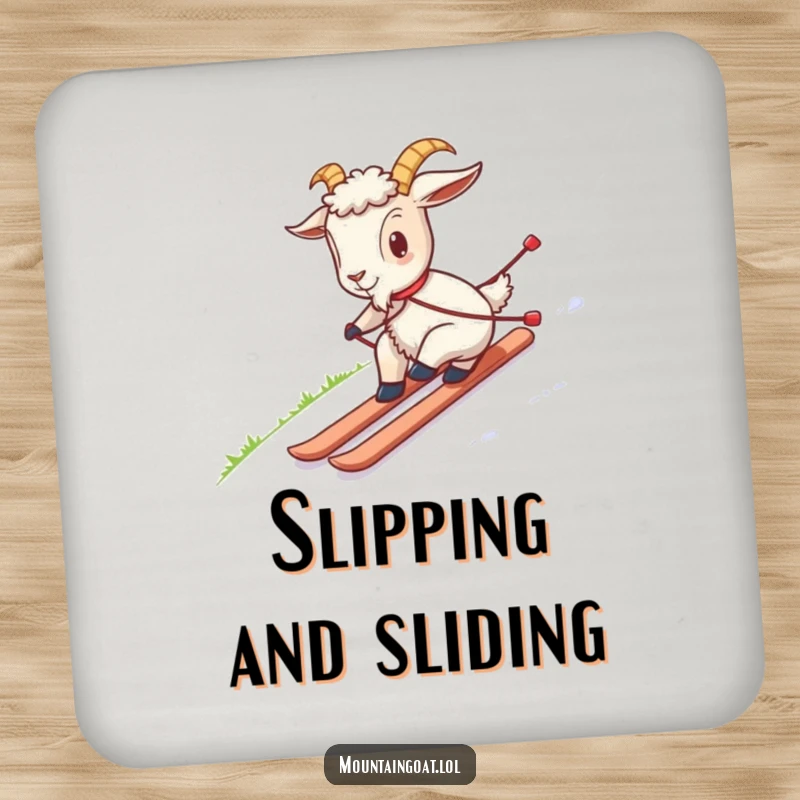 Funny drink coaster set depicting a goat awkwardly skiing on grass, protecting surfaces with a humorous and artistic flair.