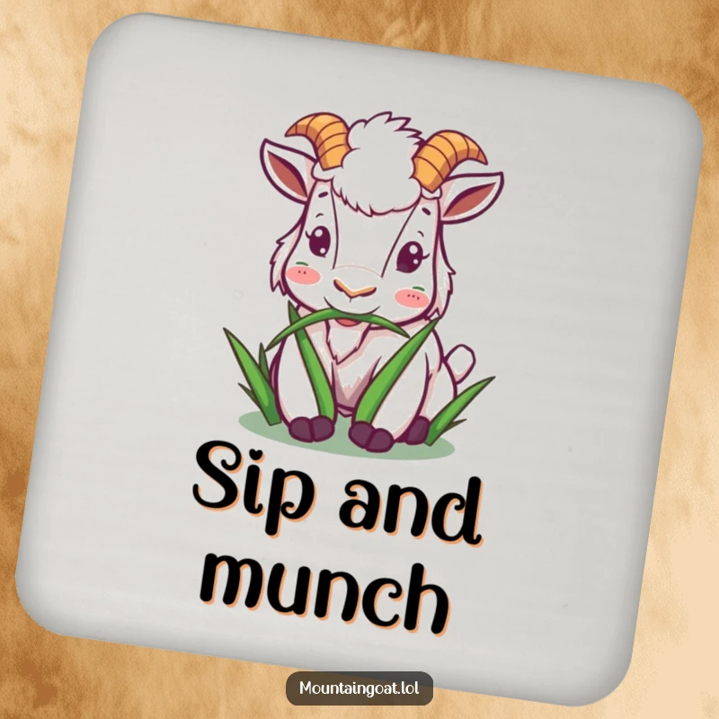 Funny mountain goat coaster featuring a character happily munching on grass, adding peaceful charm and humor to drink protection.
