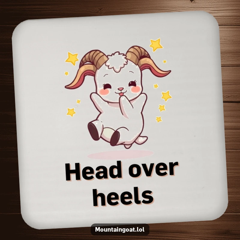 Funny drink coaster set displaying a goat's backward tumble with stars, protecting furniture with a humorous and artistic design.