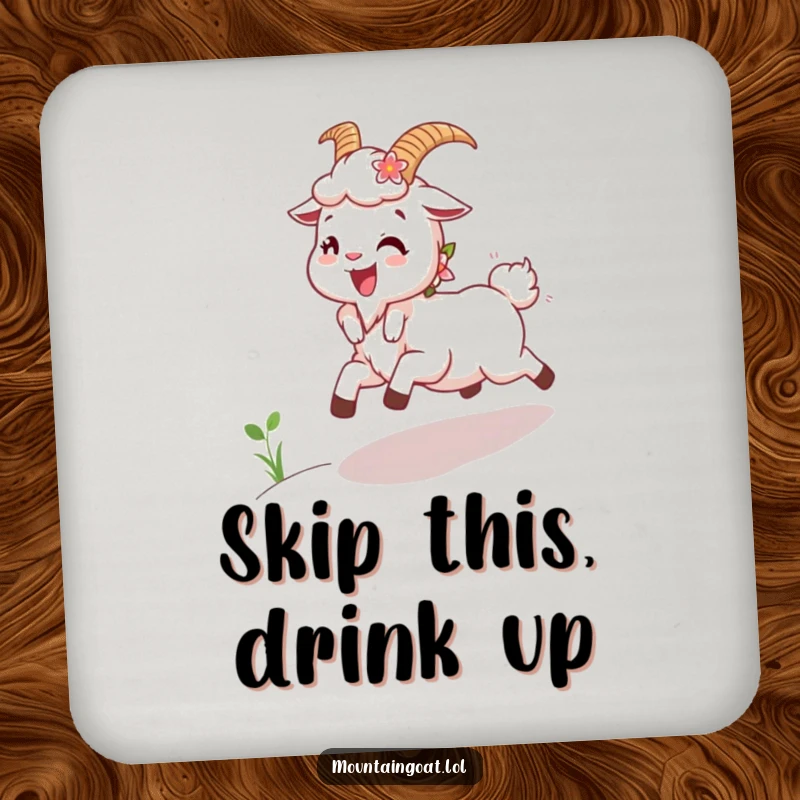 Funny Joyous Goat Coasters: A set of coasters featuring a happy mountain goat with flowers in its fur skipping uphill.