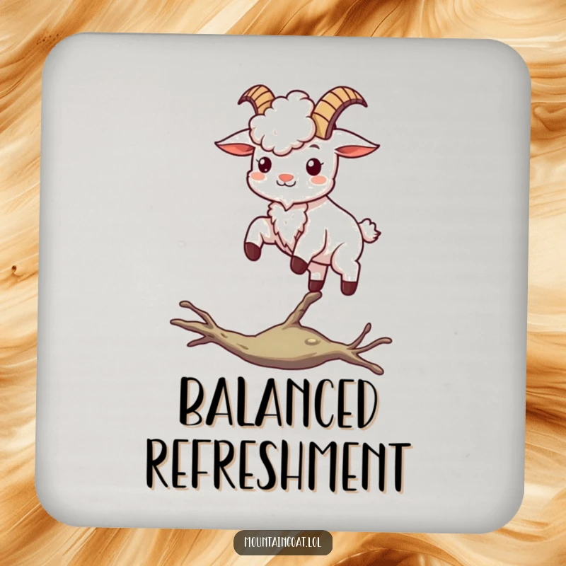 Funny kawaii mountain goat balancing on a thin branch, a symbol of poise on a charming and functional coaster.