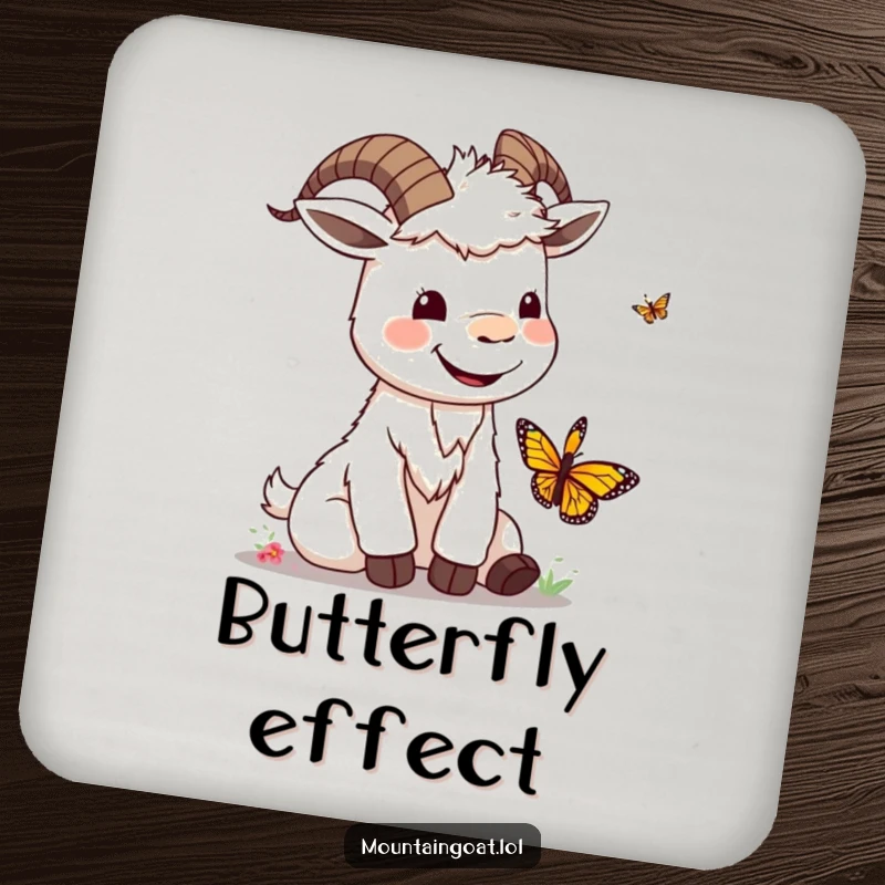 Funny kawaii mountain goat with a silly smile playing with a butterfly, a fun and functional coaster for any home.