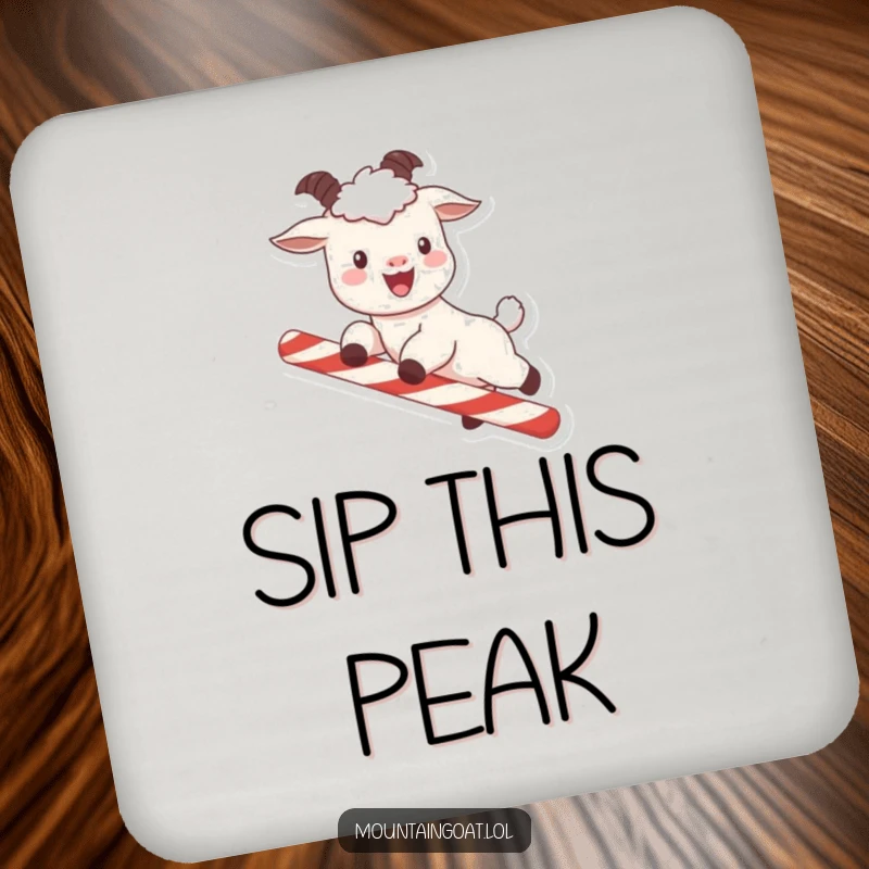 Funny kawaii mountain goat with rosy cheeks leaping over a candy cane, featured on a protective and humorous drink coaster.