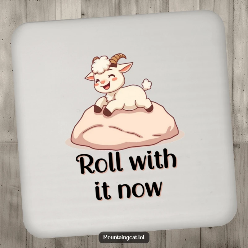 Funny kawaii mountain goat giggling and rolling down a hill, as a decorative and protective drink coaster.