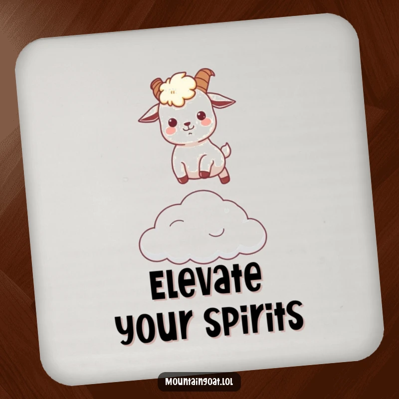 Funny kawaii mountain goat leaping over a small cloud, printed on a protective and amusing drink coaster.