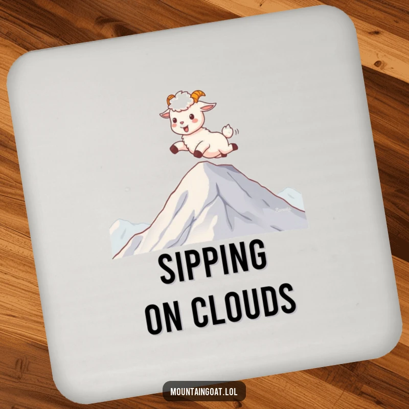 Funny kawaii mountain goat skipping on clouds, designed as a stylish and protective drink coaster.