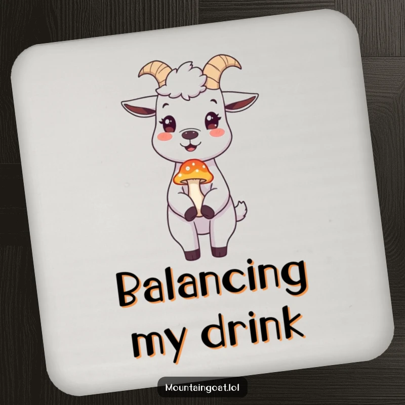 Funny mountain goat drink coaster, a joyful goat balancing a mushroom on its nose, protecting tables with humor.
