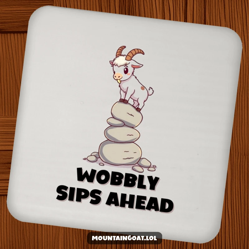 Funny mountain goat drink coaster featuring a goat balancing on a wobbly stack of pebbles, protecting tables with humorous charm.