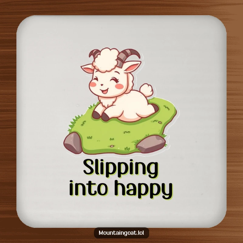 Funny mountain goat on a drink coaster, sliding down a grassy slope smiling, protecting surfaces.