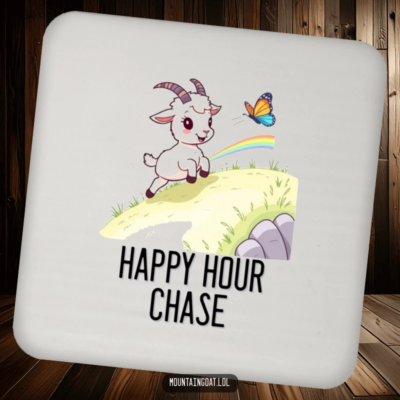 Funny goat butterfly coaster, a mountain goat chasing a butterfly, protecting surfaces with whimsical charm and natural beauty.
