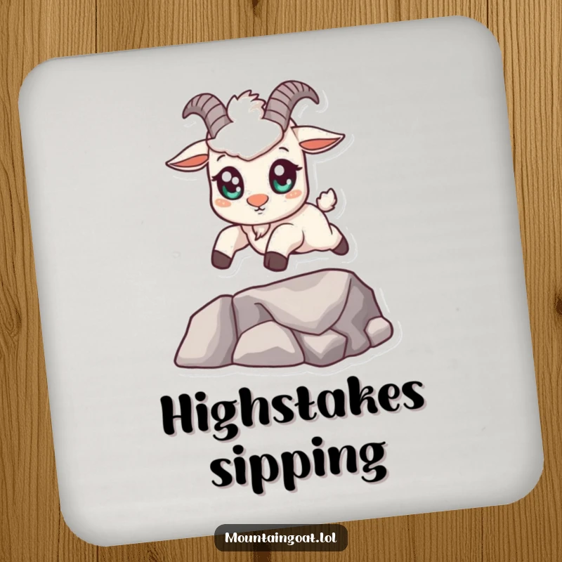 Funny kawaii mountain goat coaster with big eyes, confidently leaping across a small gap, protecting surfaces with adorable humor.