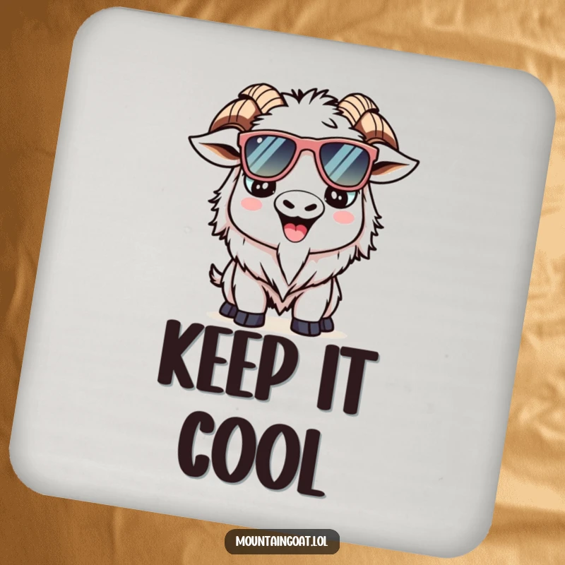 Funny Kawaii mountain goat coasters featuring a smiling goat with oversized sunglasses, protecting surfaces with cool style.