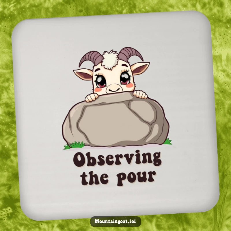 Funny curious mountain goat coaster, peeking over a large boulder with wide pupils, a cute and functional accessory for drink protection.