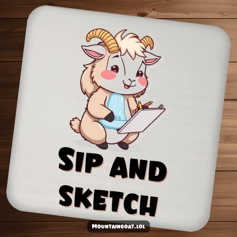 Funny happy mountain goat artist sketching a waterfall, a decorative and functional drink coaster.