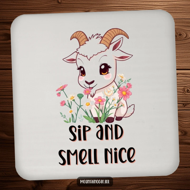Funny Curious Goat Drink Coaster: A wide-eyed goat sniffing mountain flowers, protecting surfaces with charm.