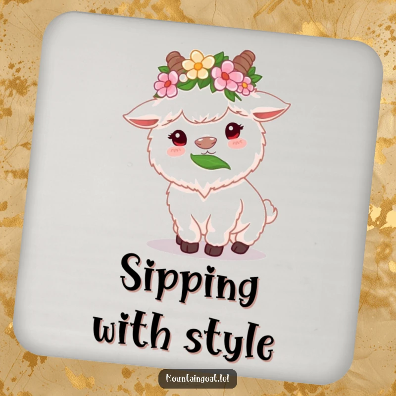 Funny fluffy white mountain goat coaster with flower crown, happily munching on a high leaf, a cute and protective accessory.