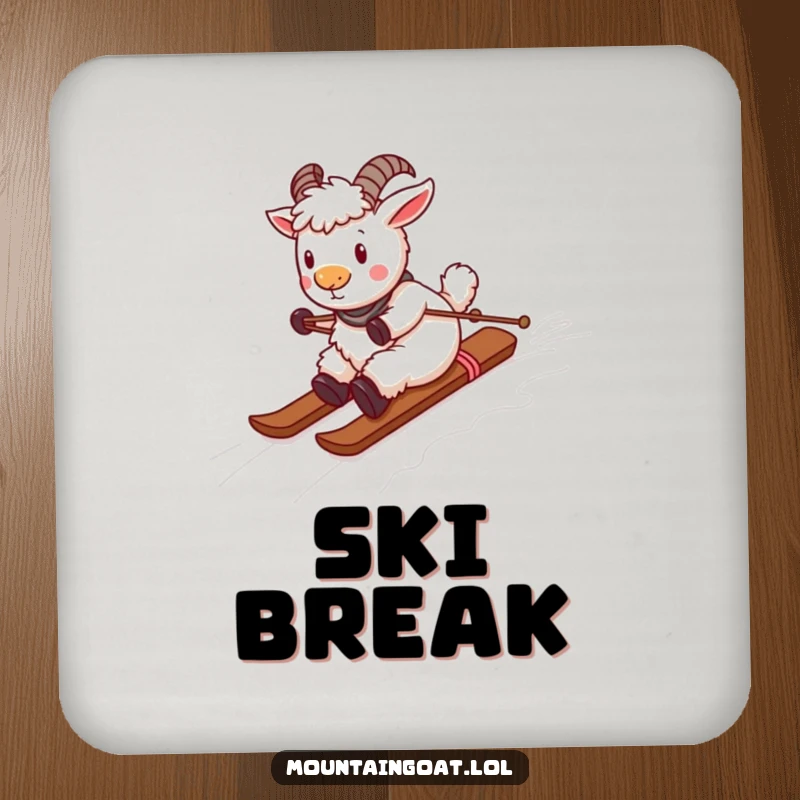 Funny playful mountain goat skiing down a yarn ski slope, designed on a protective drink coaster. Cute and functional.