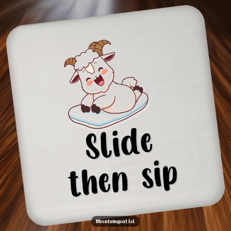 Funny Coaster: A mountain goat belly slides down a snowy hill, adding a humorous touch to any drink.