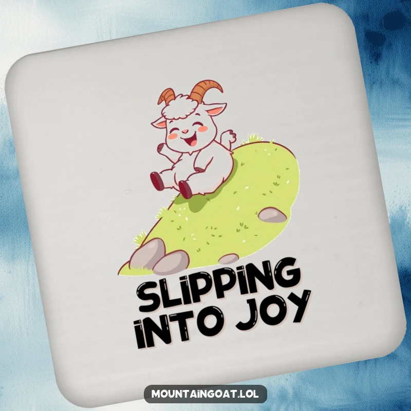 Funny joyous mountain goat coaster, playfully sliding down a gentle grassy slope, a cute and functional accessory for drink protection.