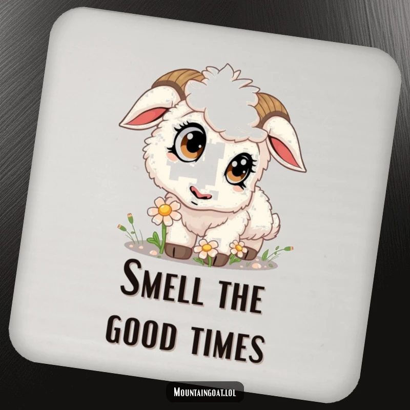 Funny kawaii mountain goat curiously sniffing a flower, a charming and functional coaster for any home.