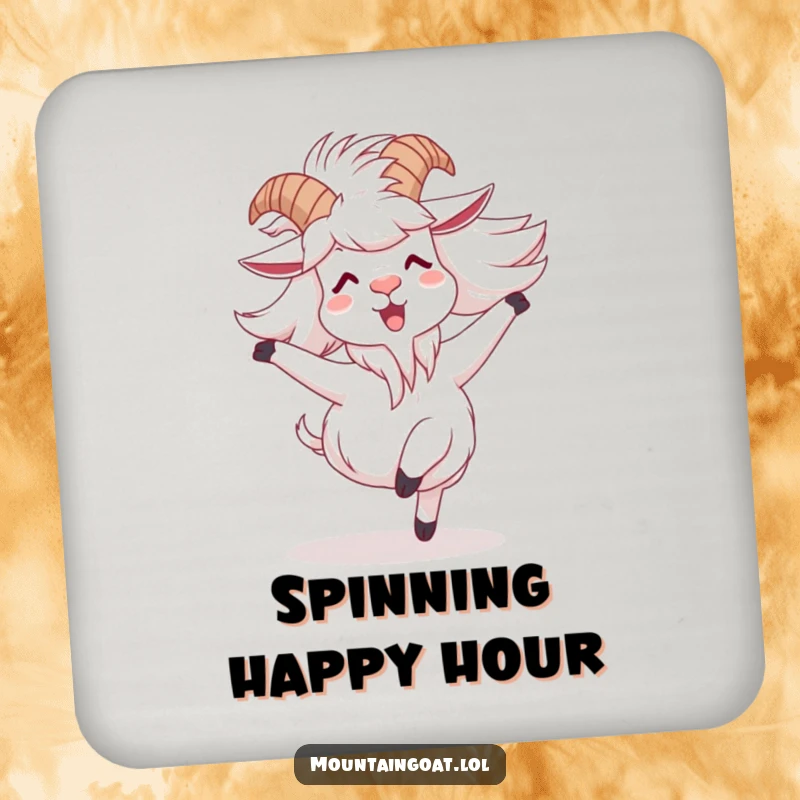 Funny mountain goat coaster featuring a character joyfully spinning with windblown fur, adding spirited charm and humor to drink protection.