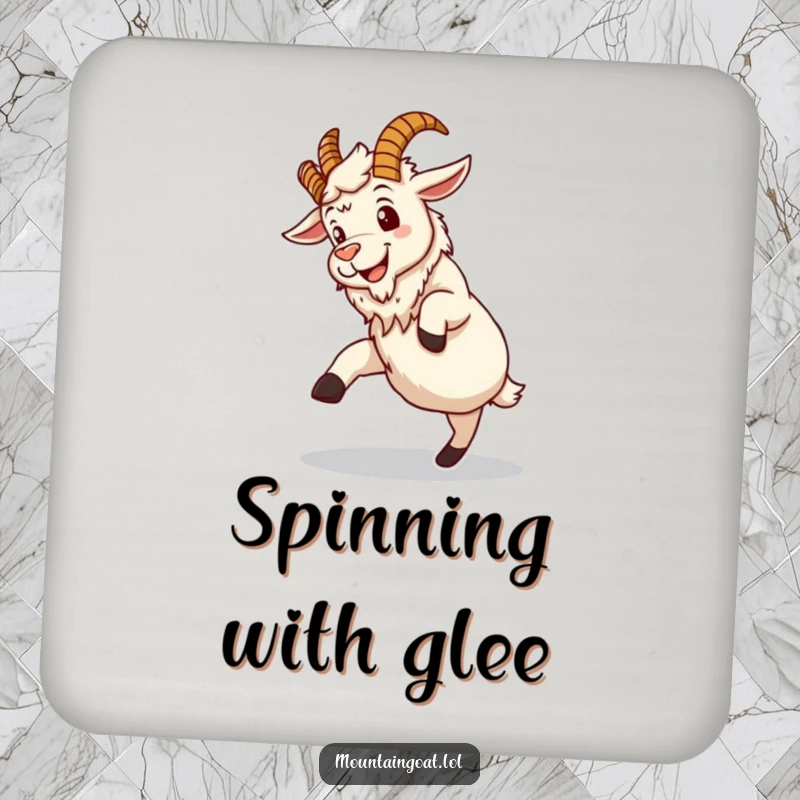 Funny mountain goat coaster, a silly grinning character attempting a clumsy somersault, adding a touch of outdoor humor.