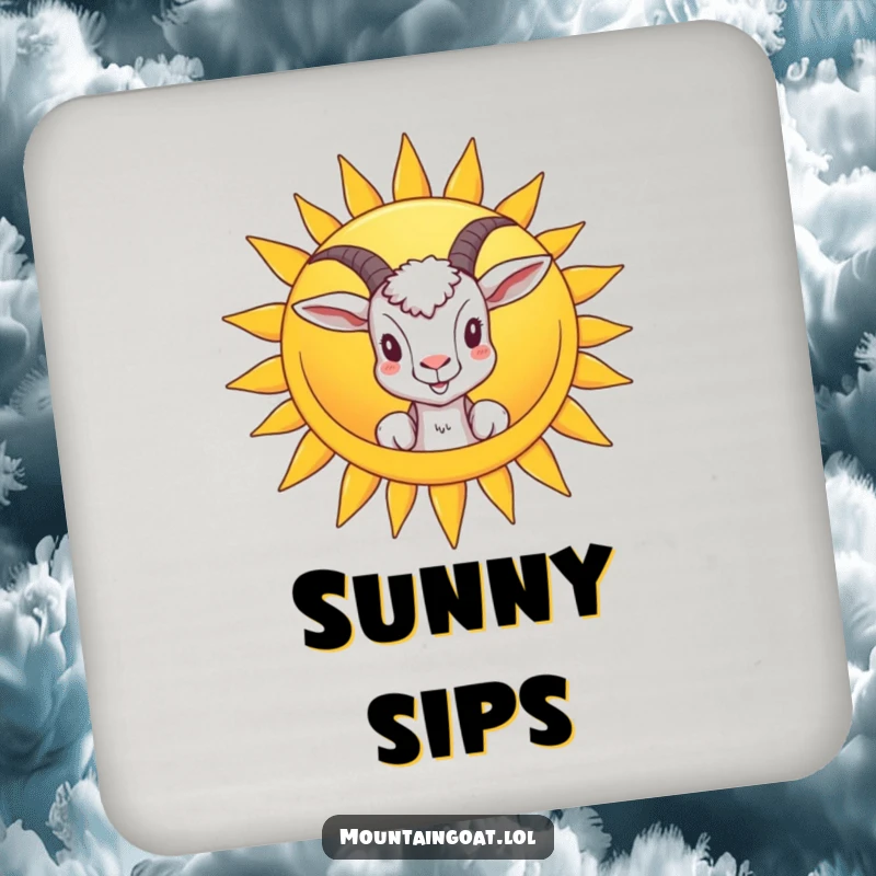 Funny drink coaster set depicting a goat peeking from behind a smiling sun, protecting surfaces with a cheerful and humorous flair.