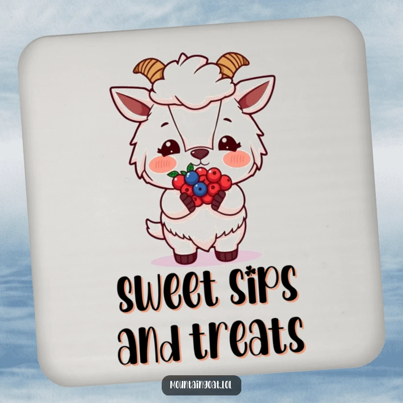 Funny Blushing Goat Berries Coaster, showcasing a shy goat offering berries, protecting your furniture with sweet humor.
