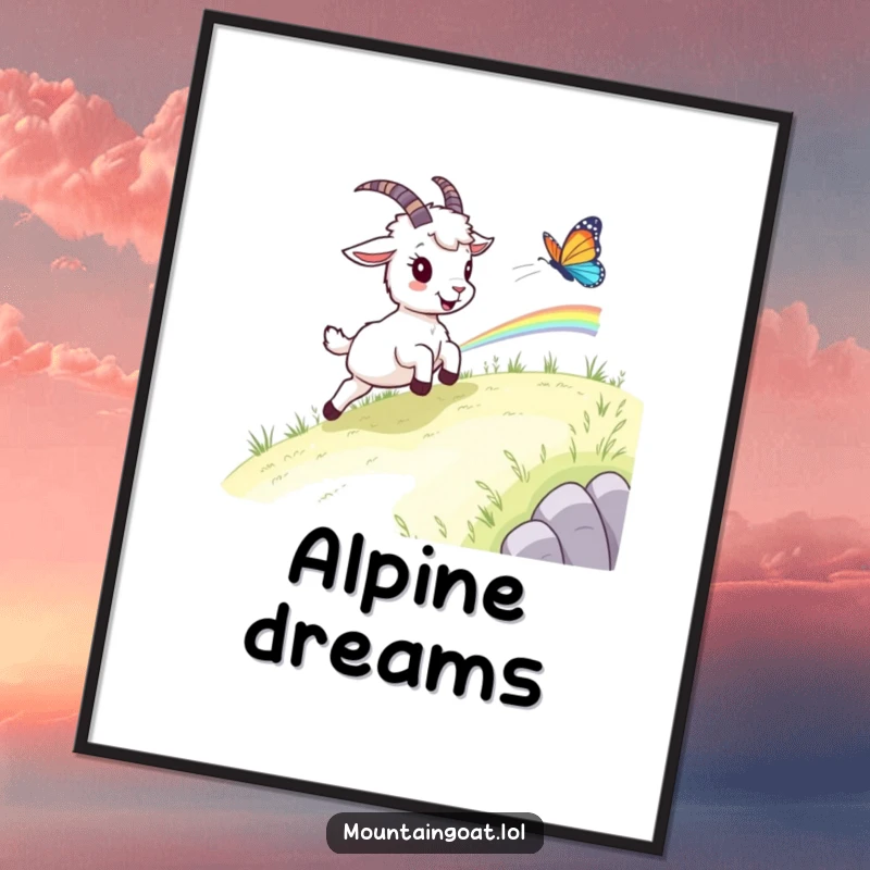 Funny mountain goat chase poster, a goat joyfully bounding after a radiant rainbow butterfly on a sun-drenched grassy slope.