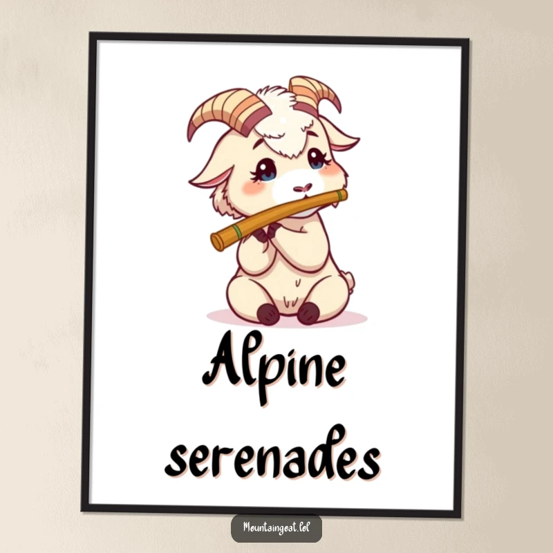 Funny Mountain Goat Flute Poster: A cute goat with wide eyes tries to play a small flute, capturing a moment of musical endeavor.