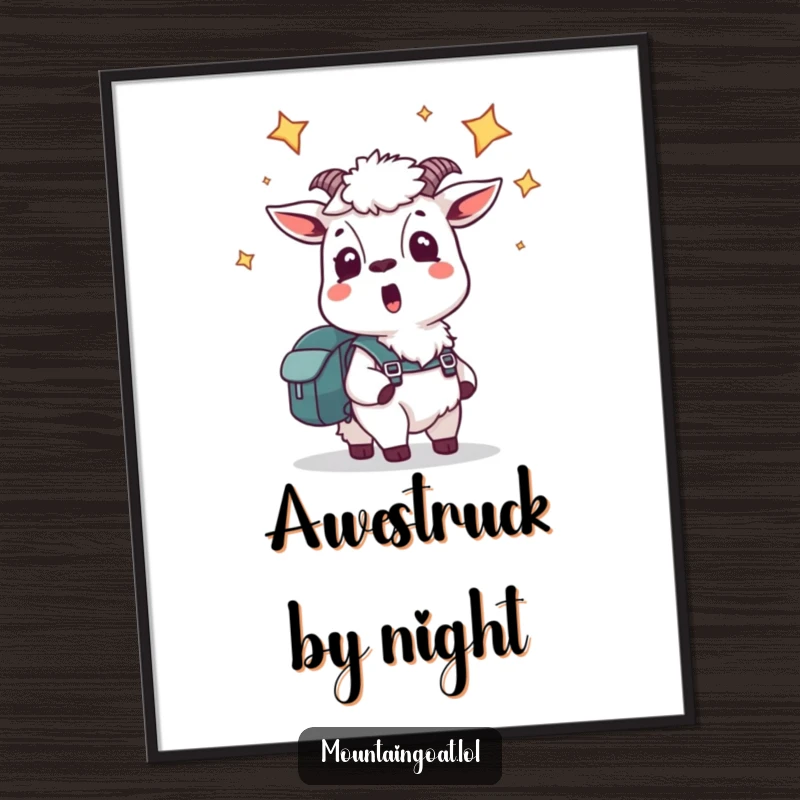 Funny poster of a startled mountain goat with a backpack looking up at a vast, starry night sky, embodying cosmic wonder.