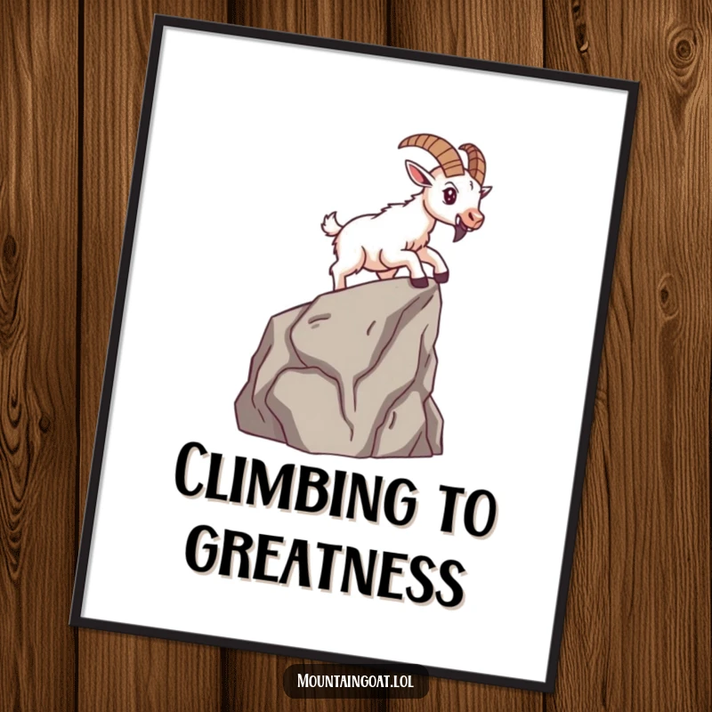 Funny brave mountain goat scaling a small cliff face with determination, presented as a motivational wall art print.