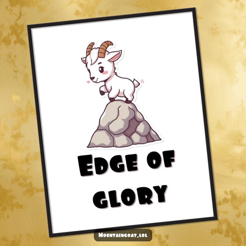 Funny tiny mountain goat poster, balancing expertly on a single rock, a piece of art celebrating skill and miniature might.