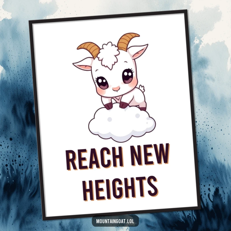Funny small goat with comically large eyes leaping over a tiny cloud, presented as a humorous poster for whimsical decor.',