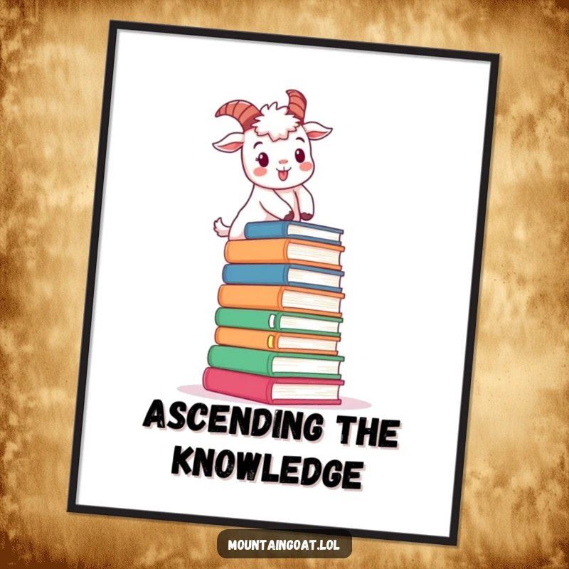 Funny determined mountain goat character poster, cheerfully climbing a stack of oversized books, a symbol of dedication.