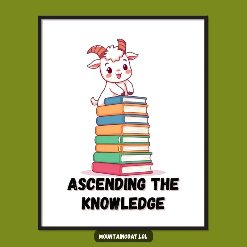 Funny Book Climbing Goat Poster: Determined Goat's Cheerful Ascent Art