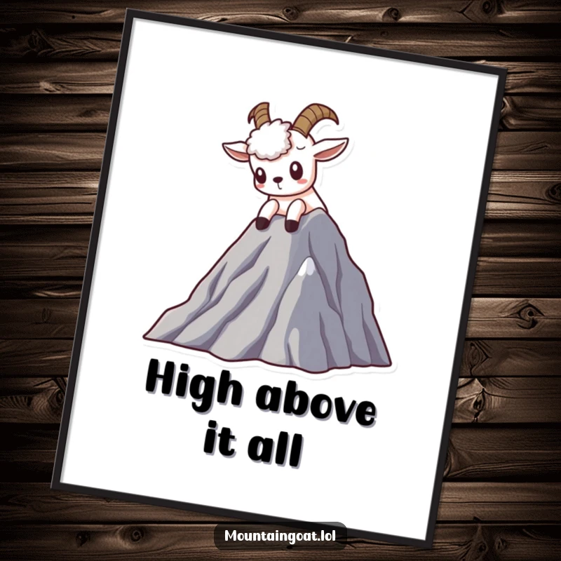 Funny Kawaii mountain goat poster showcasing a curious goat peering from a high peak, perfect for adventurous wall art.