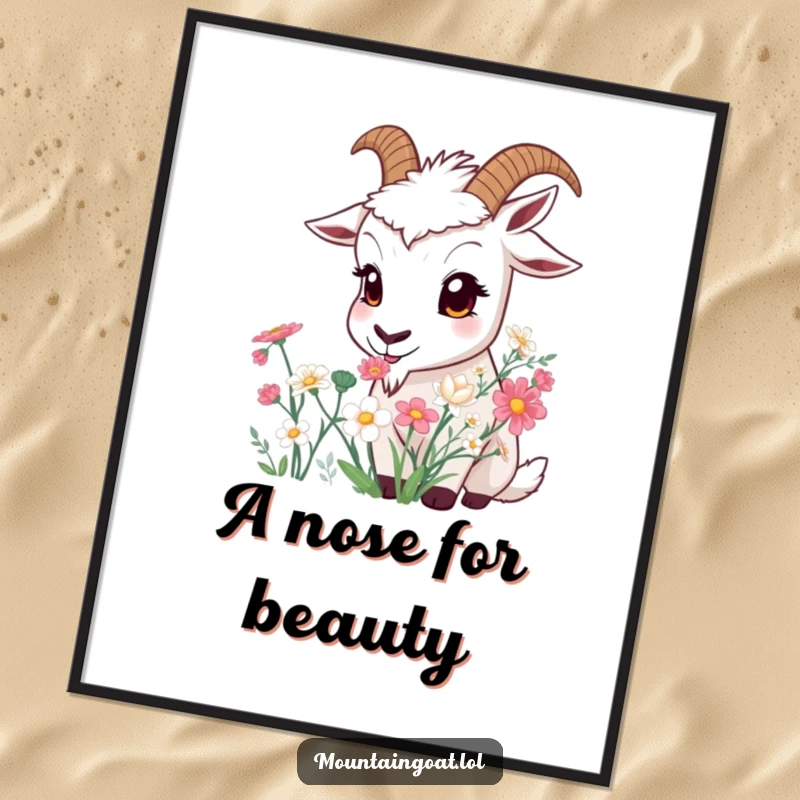 Funny Curious Goat Poster: A wide-eyed goat mesmerized by the fragrance of a vibrant mountain flower arrangement.