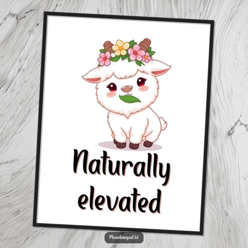 Funny fluffy white mountain goat poster with flower crown, happily munching on a high leaf, a peaceful and humorous artwork.