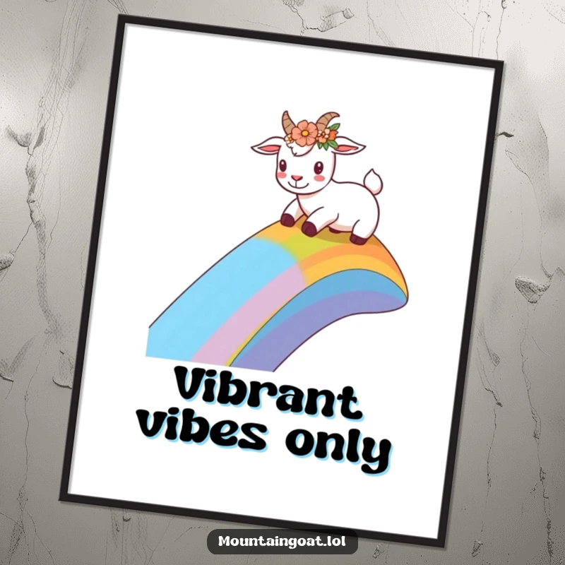 Funny goat with a flower crown sliding down a vibrant rainbow slope, presented as a humorous poster for cheerful wall decor.',
