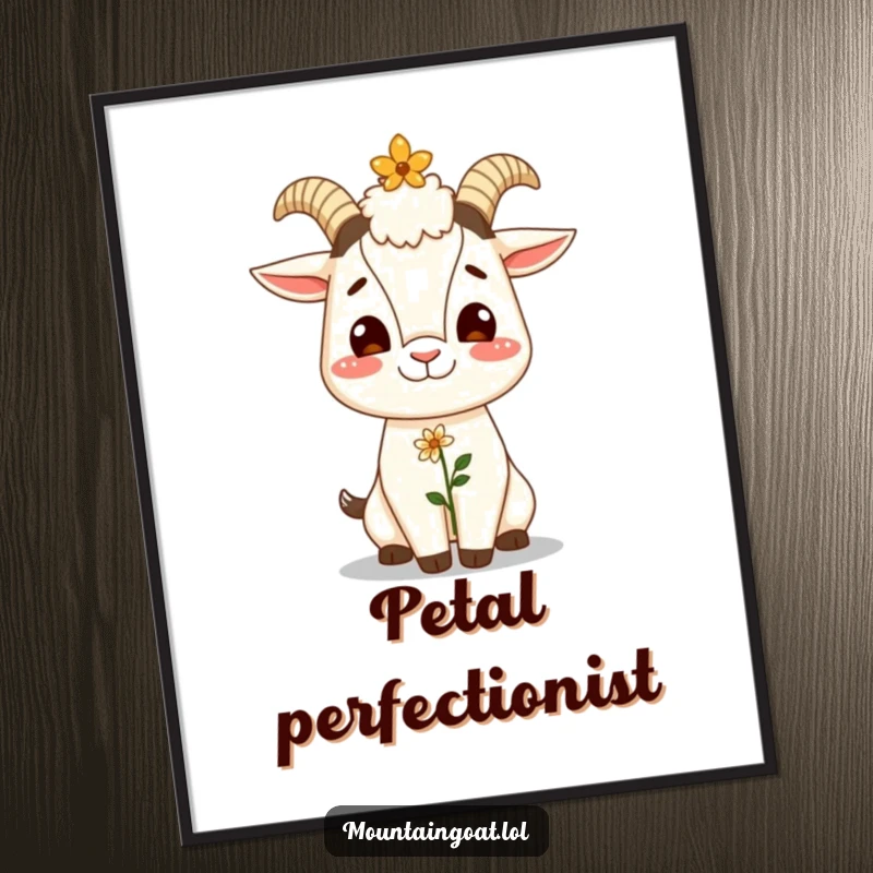 Funny poster of a giggling mountain goat balancing a tiny flower on its nose, radiating infectious joy and charm.