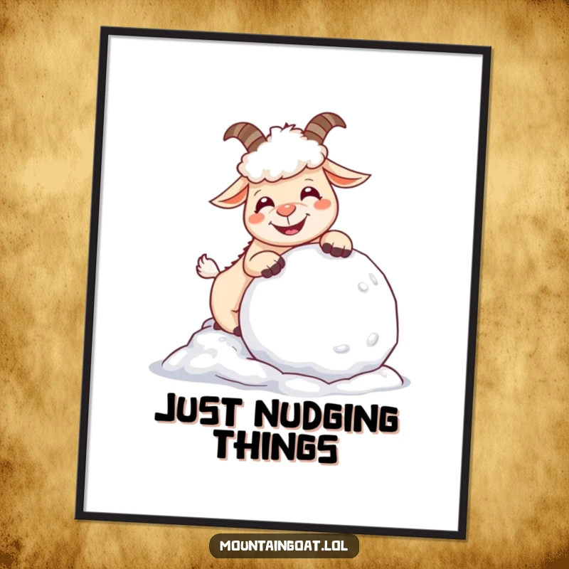 Funny giggling mountain goat gleefully nudging a massive snowball, captured in a delightful, humorous wall art print.