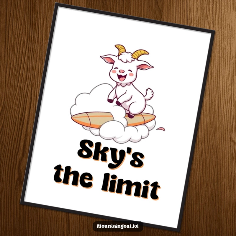 A funny goat joyfully surfing on a fluffy cloud, depicted as vibrant wall art, bringing humor and a sense of wonder.