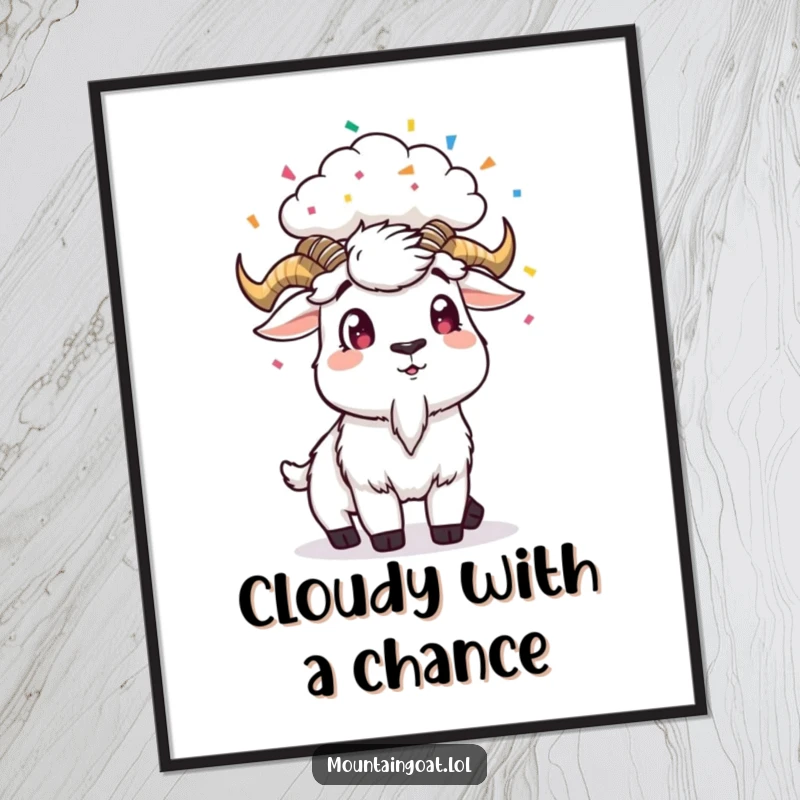 Funny Poster: A mountain goat looks surprised as a small cloud rains colorful confetti on its head.