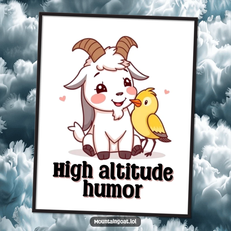 Funny mountain goat poster depicting a character giggling with a small bird, adding heartwarming humor to wall decor.