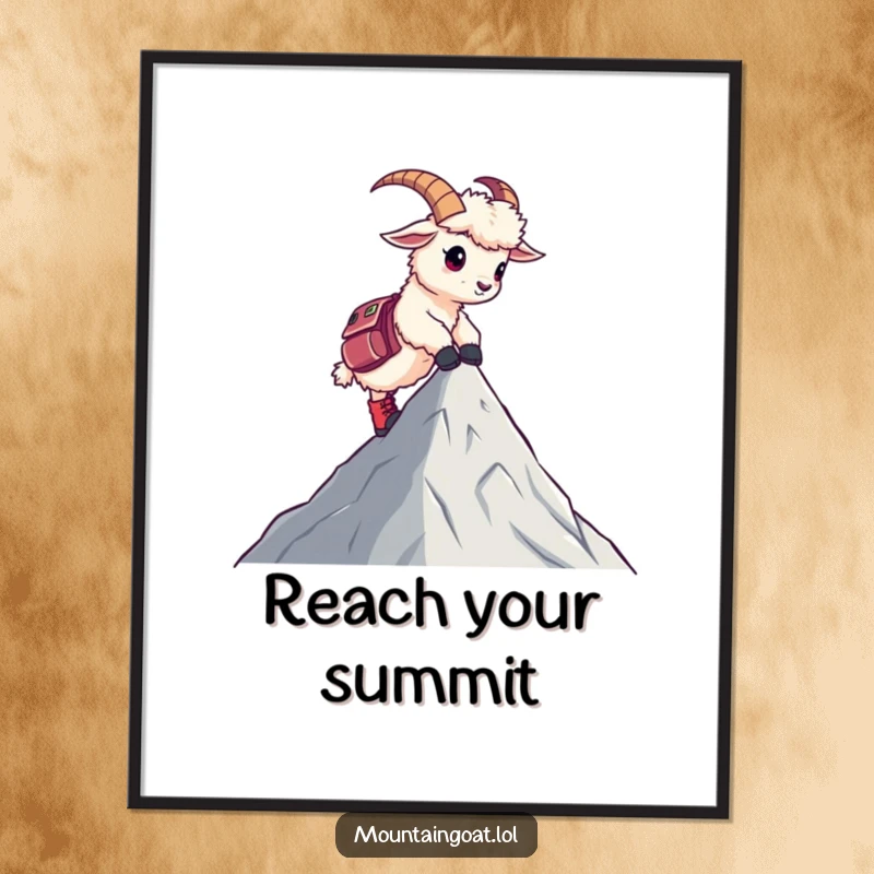 Funny poster featuring a kawaii mountain goat in tiny boots reaching a peak, a humorous and inspiring piece of art.
