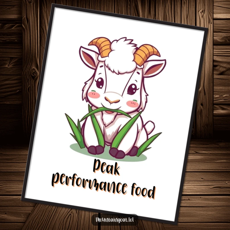 Funny mountain goat poster depicting a character happily munching on stylized grass, adding peaceful humor to wall decor.