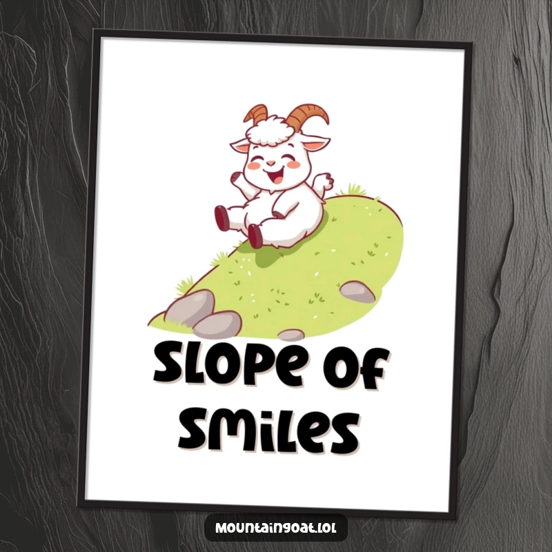 Funny joyous mountain goat poster, playfully sliding down a gentle grassy slope, a vibrant piece of art capturing pure exhilaration.